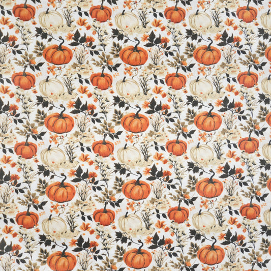 Tissu Coton Citrouilles et Fleurs d'Automne Fond Blanc | Laize 1m55