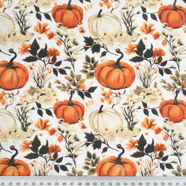 Tissu Coton Citrouilles et Fleurs d'Automne Fond Blanc | Laize 1m55