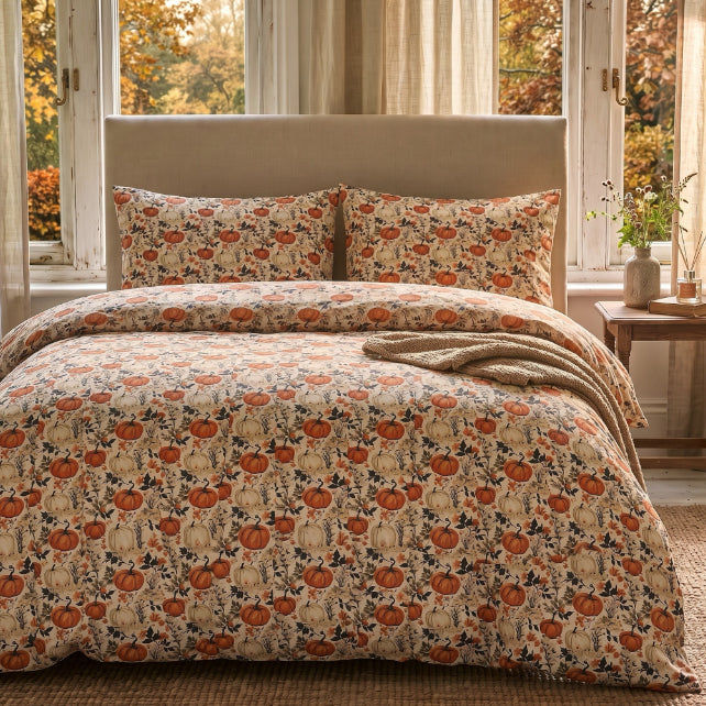 Tissu Coton Citrouilles et Fleurs d'Automne Fond Blanc | Laize 1m55