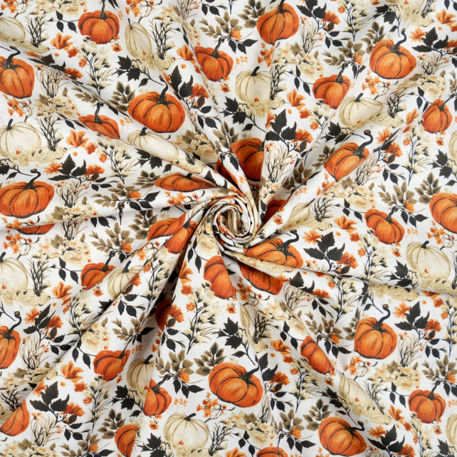 Tissu Coton Citrouilles et Fleurs d'Automne Fond Blanc | Laize 1m55