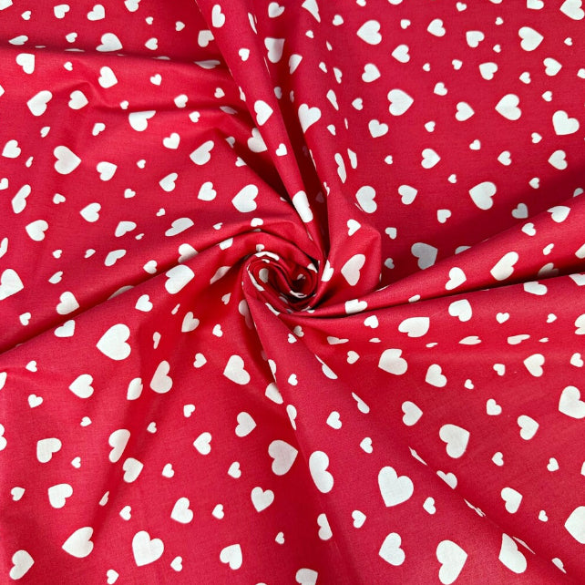 Tissu Coton Petits Cœurs Blancs Fond Rouge Amarante | Laize 1m55