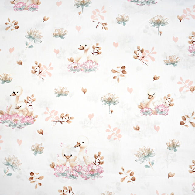 Tissu Coton Cygne et Lys Fond Blanc | Laize 1m60