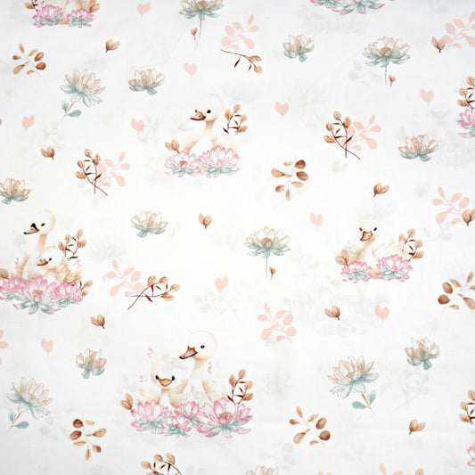 Tissu Coton Cygne et Lys Fond Blanc | Laize 1m60