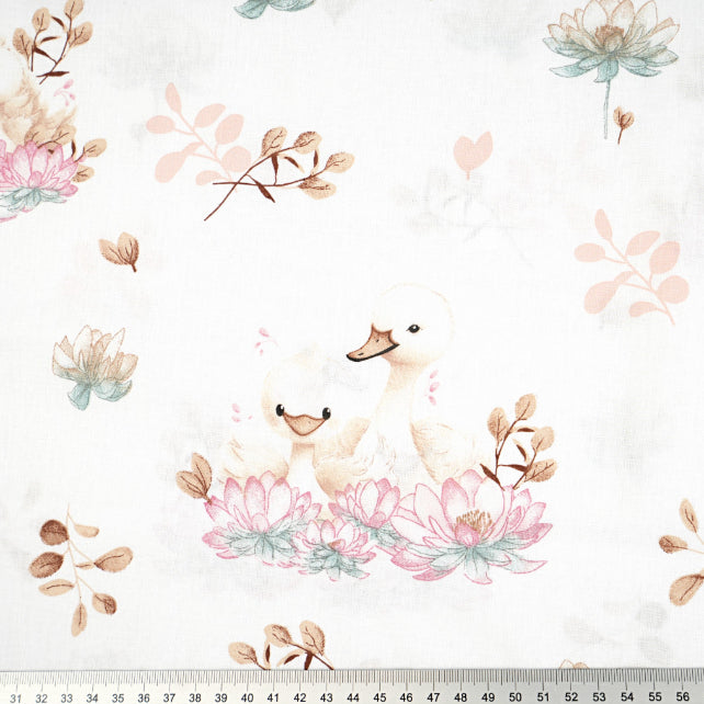 Tissu Coton Cygne et Lys Fond Blanc | Laize 1m60