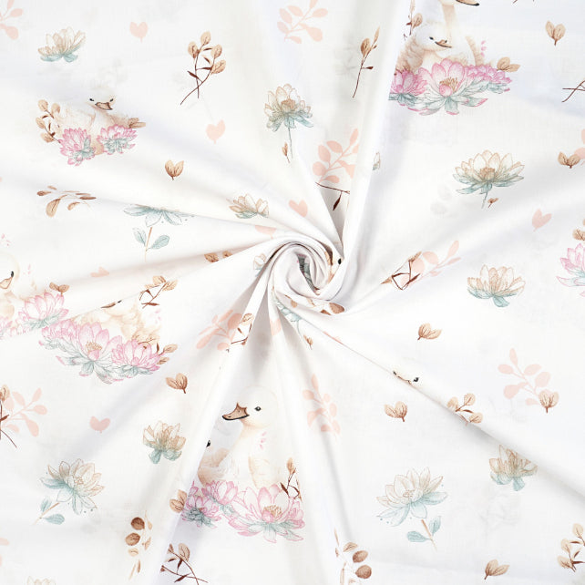 Tissu Coton Cygne et Lys Fond Blanc | Laize 1m60