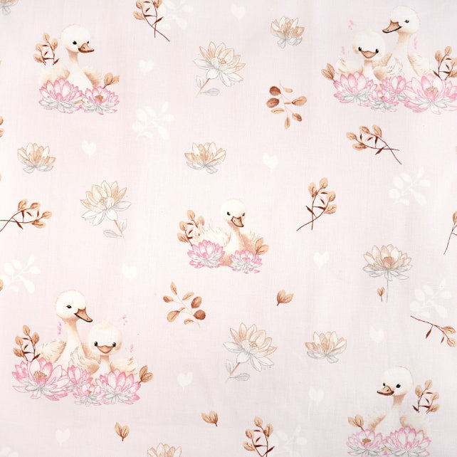 Tissu Coton Cygne et Lys Fond Rose Pâle | Laize 1m60