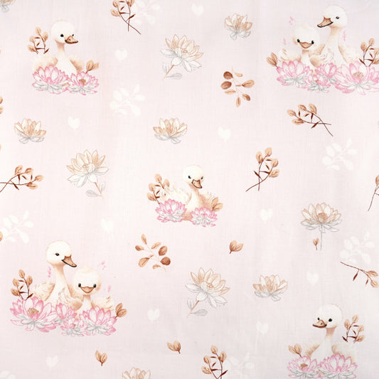 Tissu Coton Cygne et Lys Fond Rose Pâle | Laize 1m60