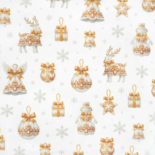 Tissu Coton Noël Décor Festif Doré Fond Blanc | Laize 1m55