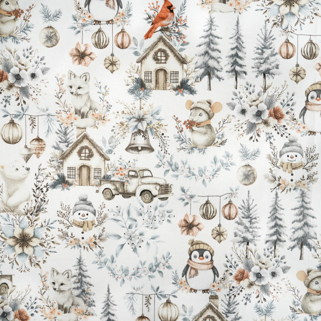 Tissu Coton Noël Décor Hivernal Bleu Beige | Laize 1m55