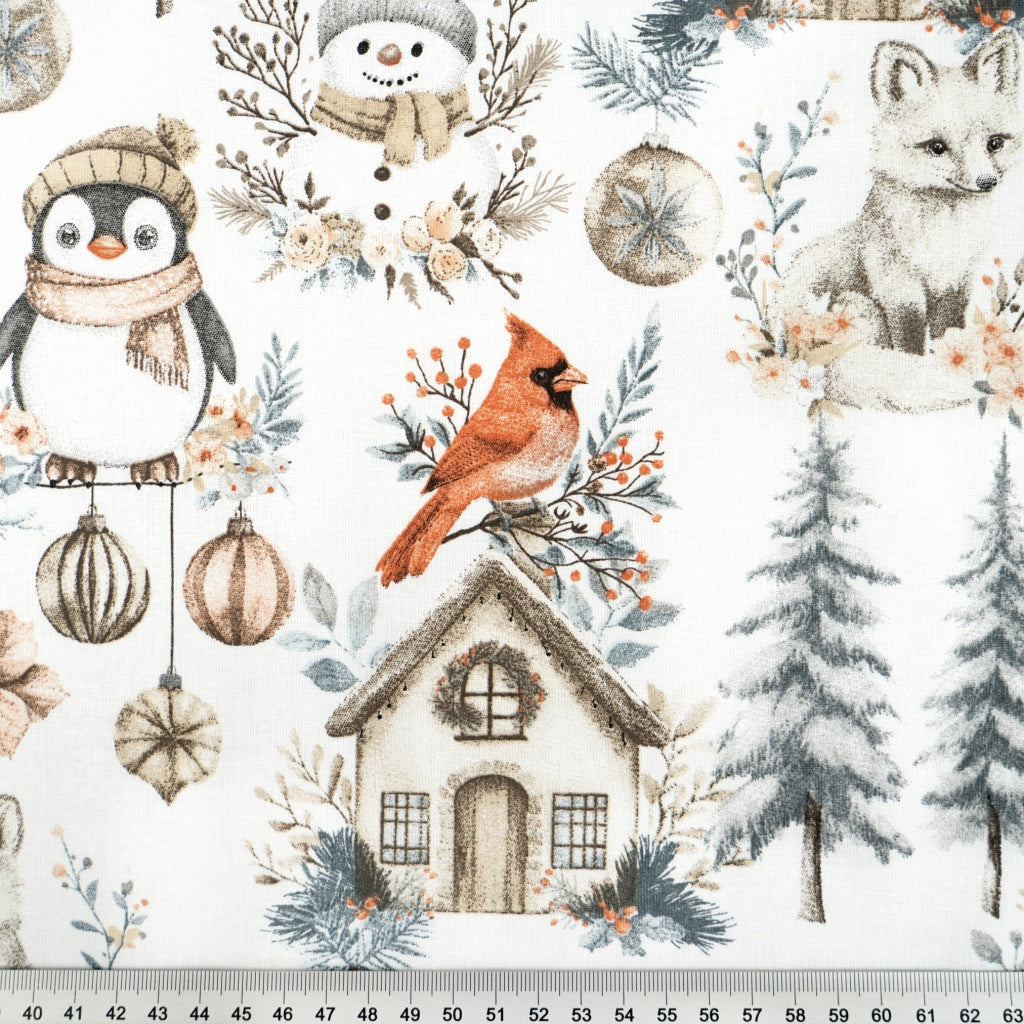 Tissu Coton Noël Décor Hivernal Bleu Beige | Laize 1m55