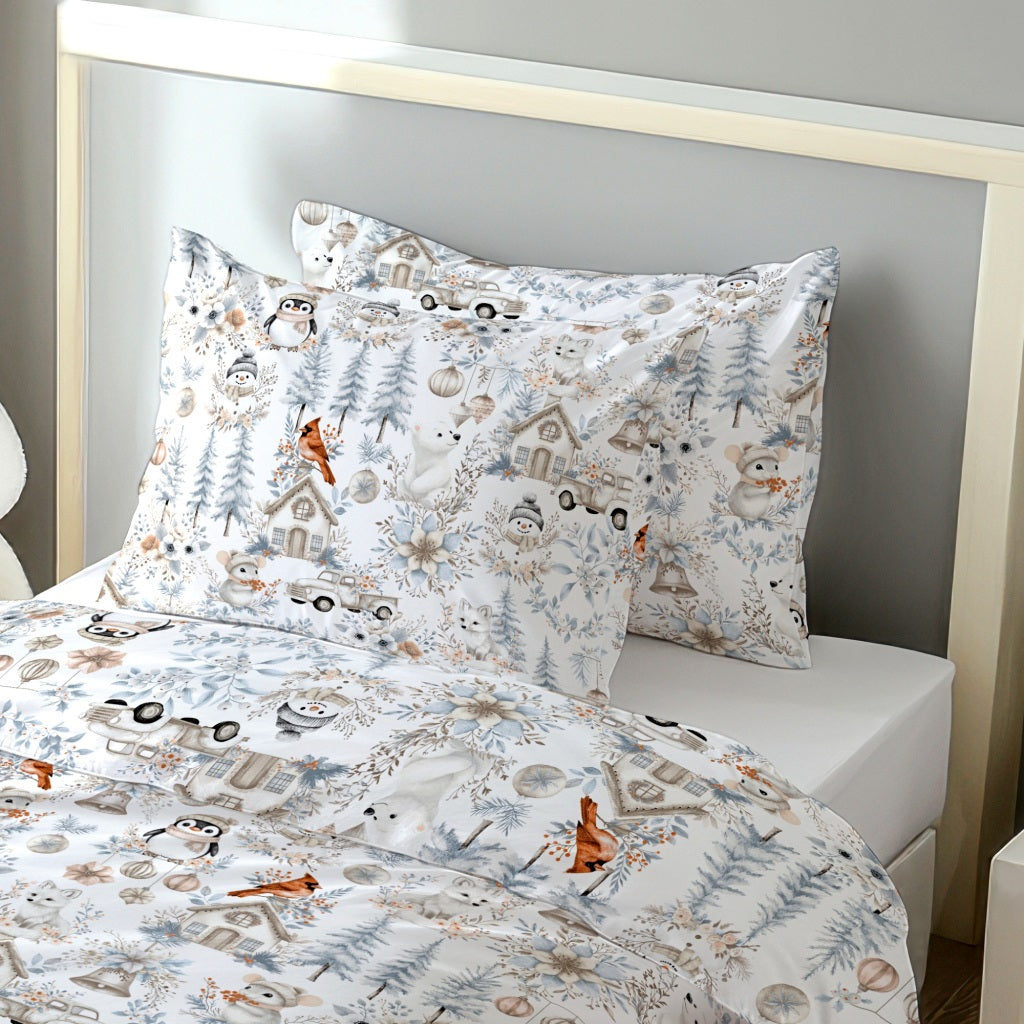 Tissu Coton Noël Décor Hivernal Bleu Beige | Laize 1m55