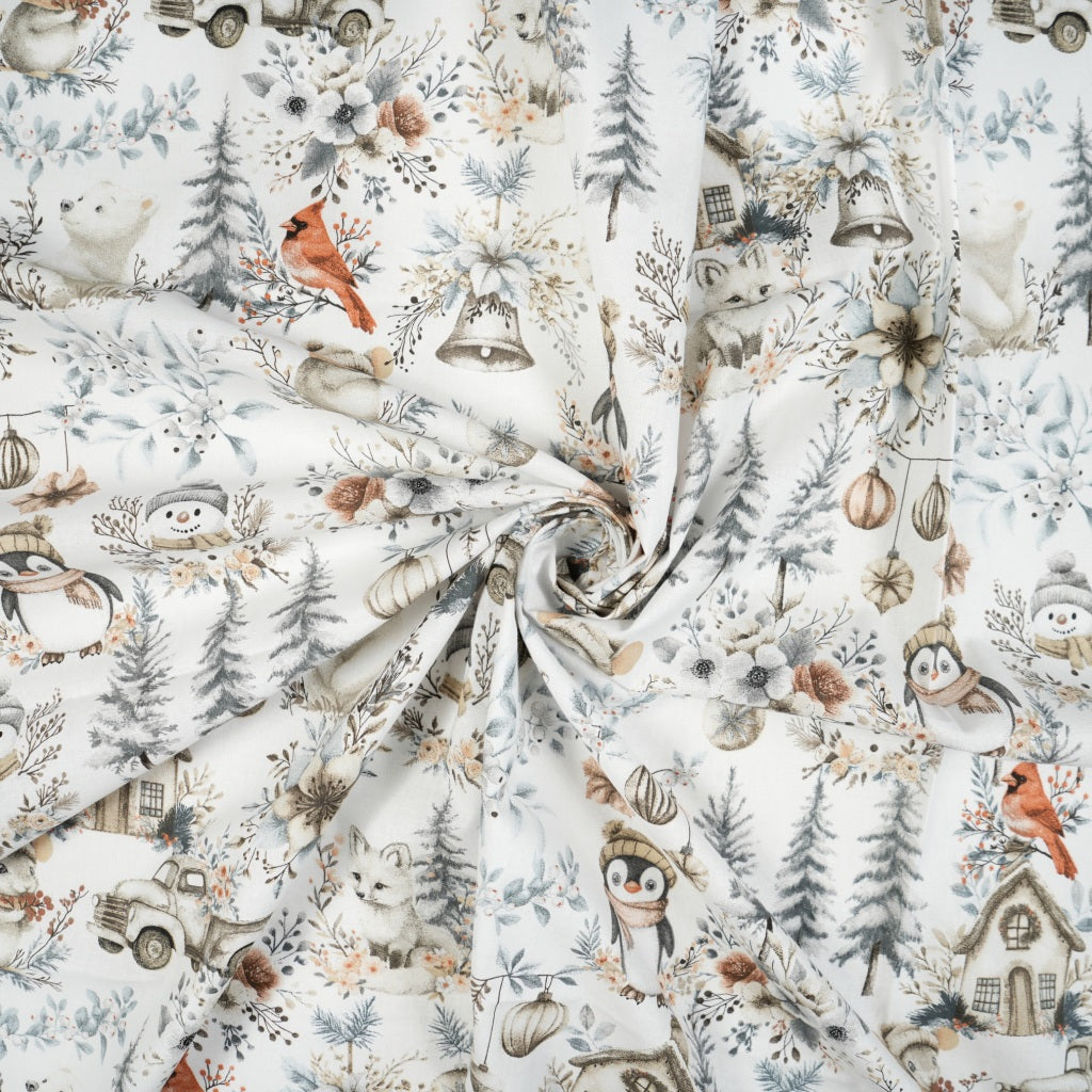 Tissu Coton Noël Décor Hivernal Bleu Beige | Laize 1m55