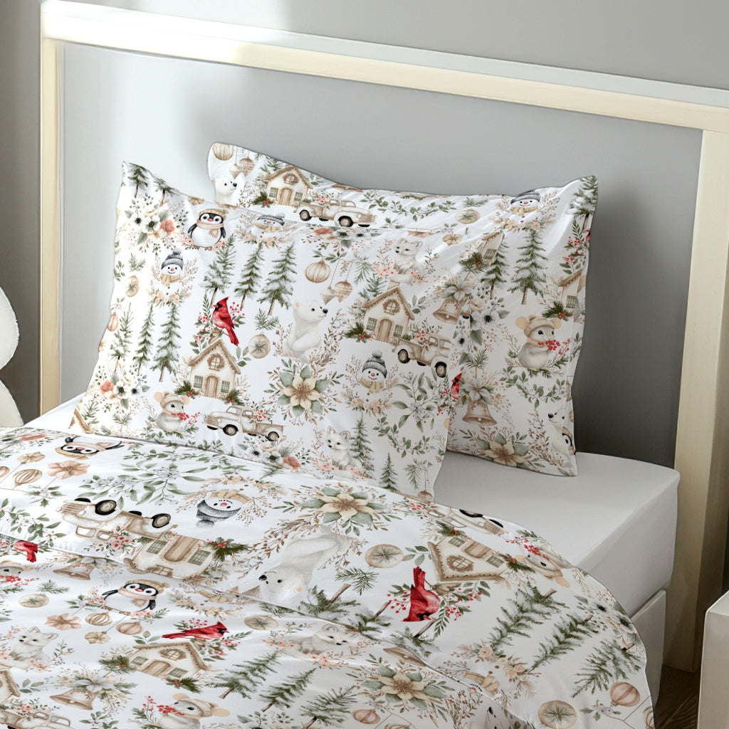 Tissu Coton Noël Décor Hivernal Vert Beige | Laize 1m55