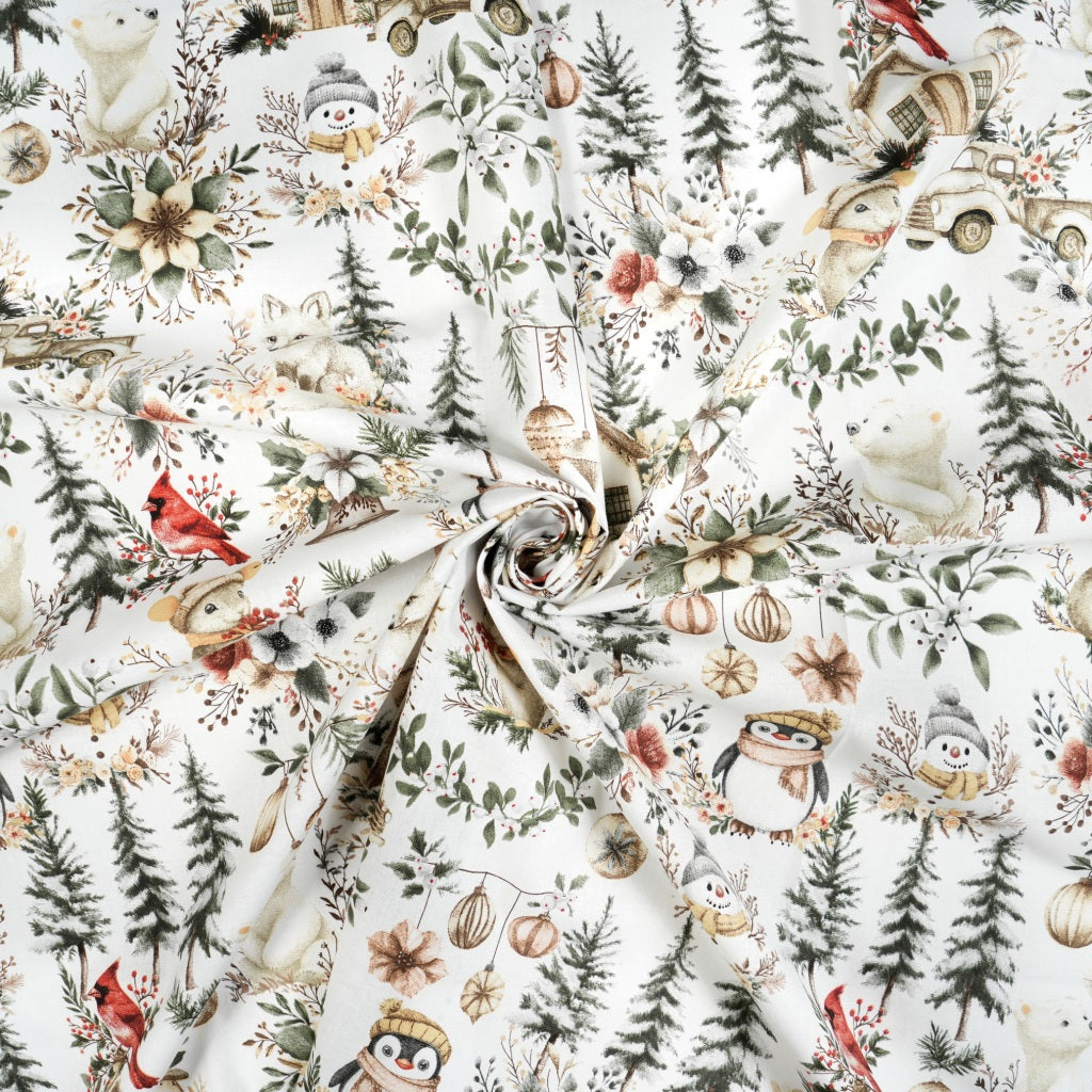 Tissu Coton Noël Décor Hivernal Vert Beige | Laize 1m55