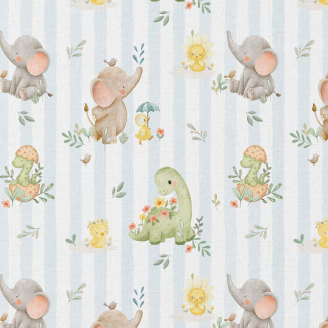 Tissu Coton Eléphant Dino Ligné Blanc Bleu | Laize 1m50