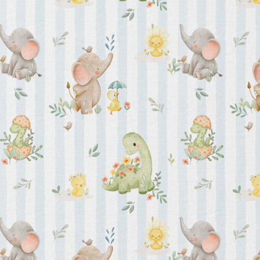 Tissu Coton Eléphant Dino Ligné Blanc Bleu | Laize 1m50