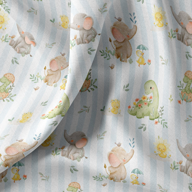 Tissu Coton Eléphant Dino Ligné Blanc Bleu | Laize 1m50