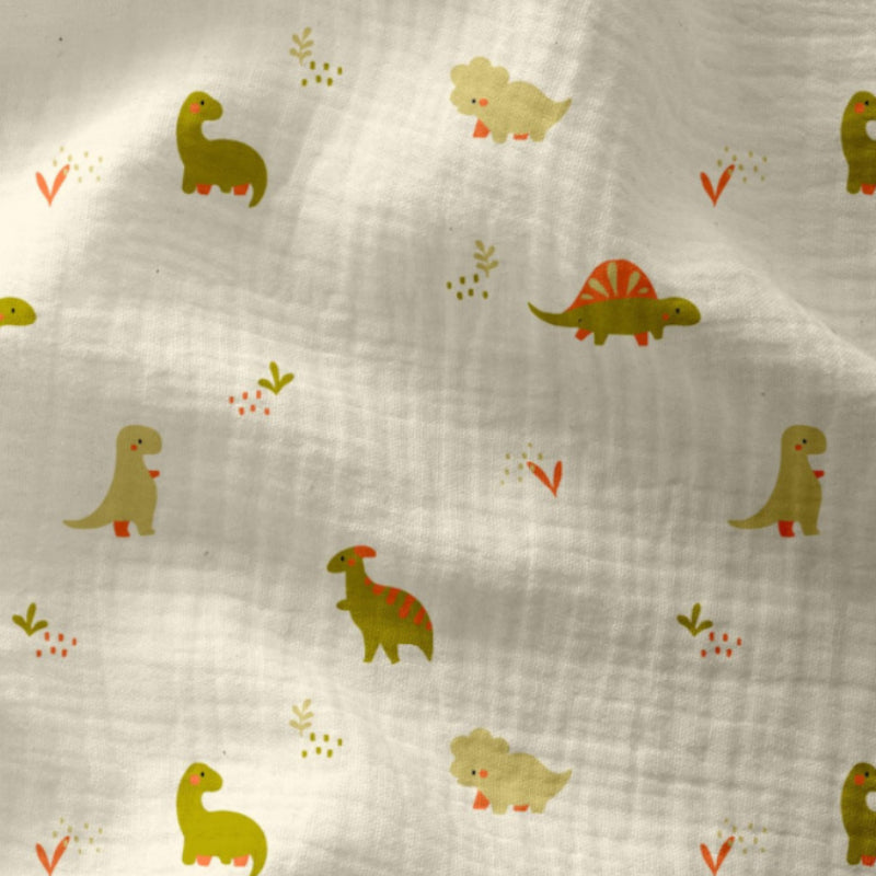 Double Gaze De Coton Imprimé | Didi Ecru Dinosaures | Laize 135cm