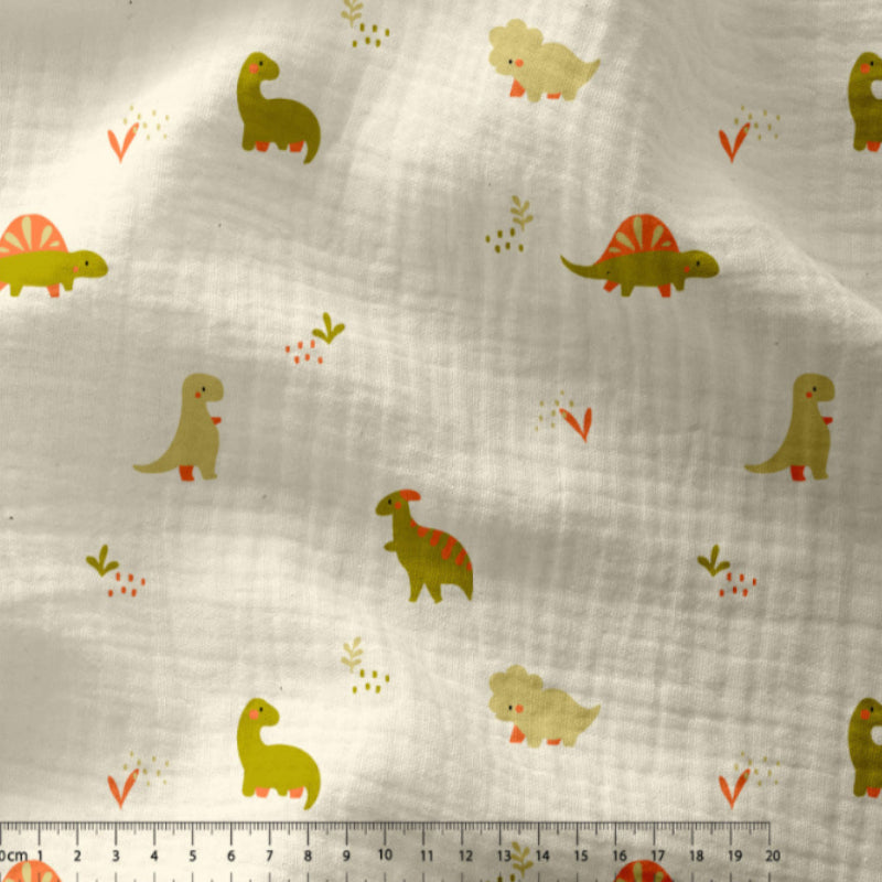 Double Gaze De Coton Imprimé | Didi Ecru Dinosaures | Laize 135cm