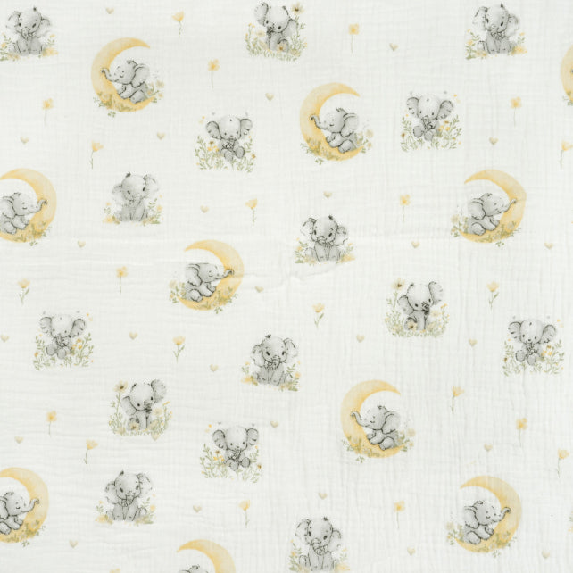 Tissus Double Gaze De Coton Imprimé | Eléphants Lune Jaune | Laize 135cm