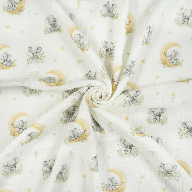 Tissus Double Gaze De Coton Imprimé | Eléphants Lune Jaune | Laize 135cm