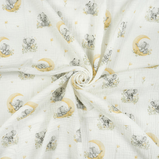 Tissus Double Gaze De Coton Imprimé | Eléphants Lune Jaune | Laize 135cm