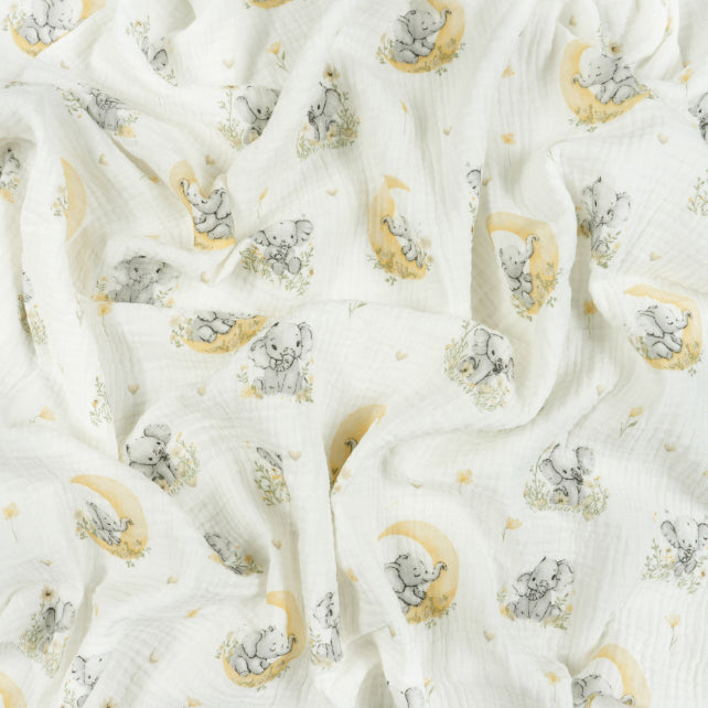 Tissus Double Gaze De Coton Imprimé | Eléphants Lune Jaune | Laize 135cm