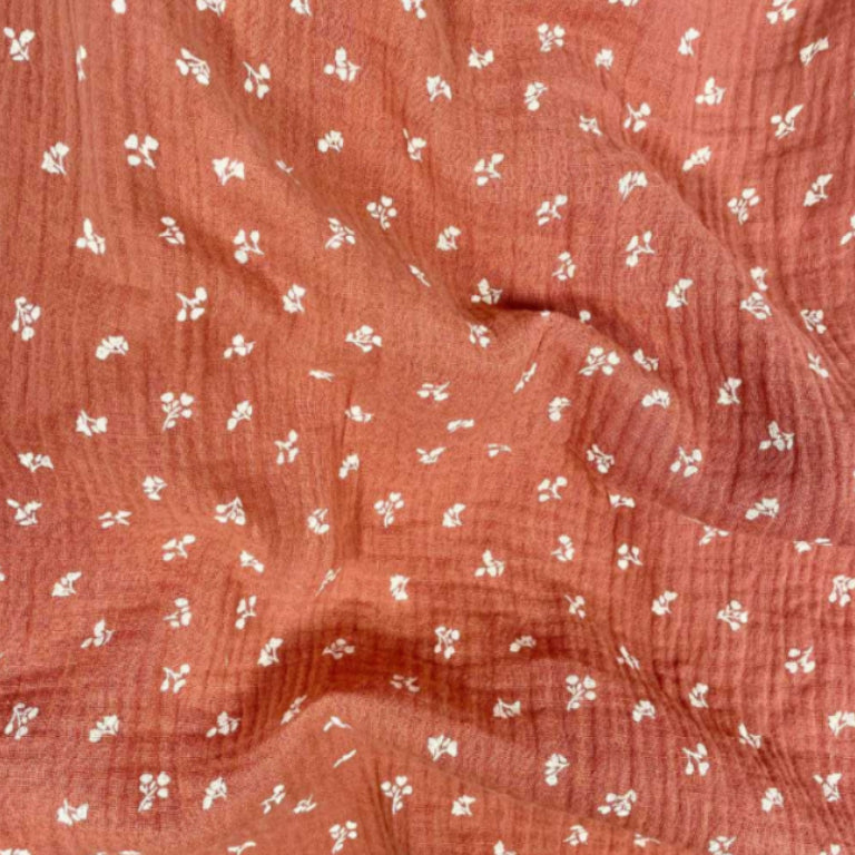Double Gaze De Coton Imprimé | Fleurs Babeth Marsala | Laize 130cm