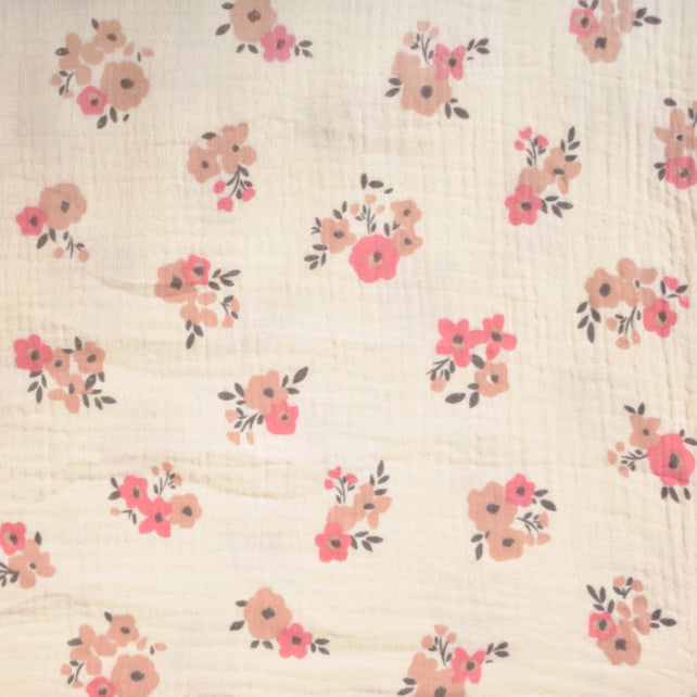 Tissu Double Gaze De Coton Imprimé | Fleurs Molisa Ecru Rose