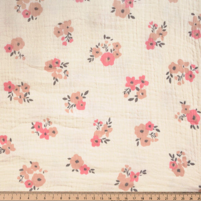 Tissu Double Gaze De Coton Imprimé | Fleurs Molisa Ecru Rose