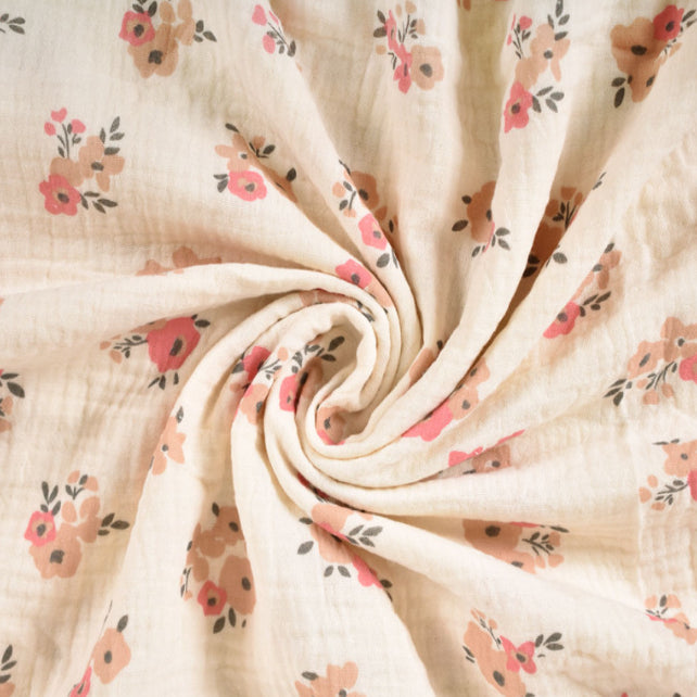 Tissu Double Gaze De Coton Imprimé | Fleurs Molisa Ecru Rose