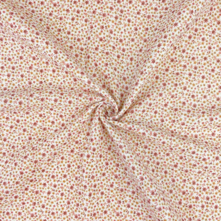 Double Gaze De Coton Imprimé | Fleurs Pio Camel Amarante | Laize 130cm