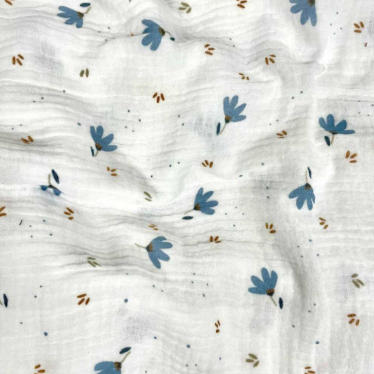 Double Gaze De Coton Imprimé | Fleurs Sevia Blanc Bleu | Laize 130cm