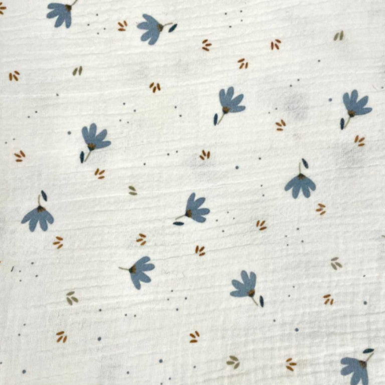 Double Gaze De Coton Imprimé | Fleurs Sevia Blanc Bleu | Laize 130cm