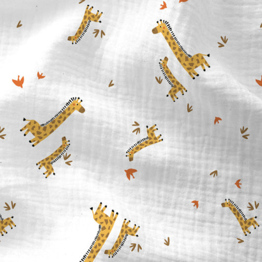 Double Gaze De Coton Imprimé | Girafe Zirafon Fond Blanc | Laize 135cm