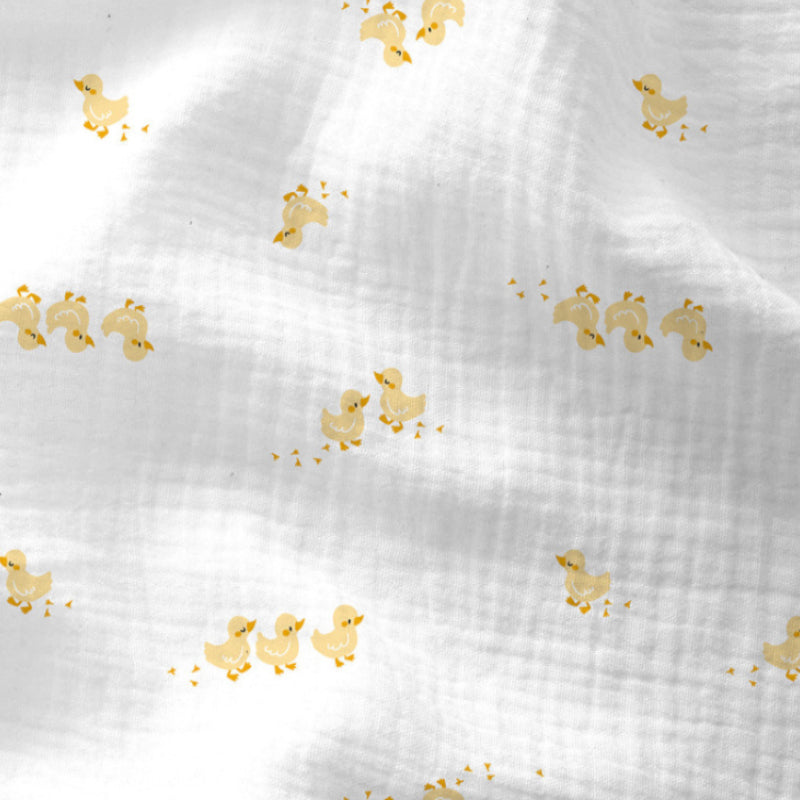 Double Gaze De Coton Imprimé | Cannetons Fond Blanc | Laize 135cm