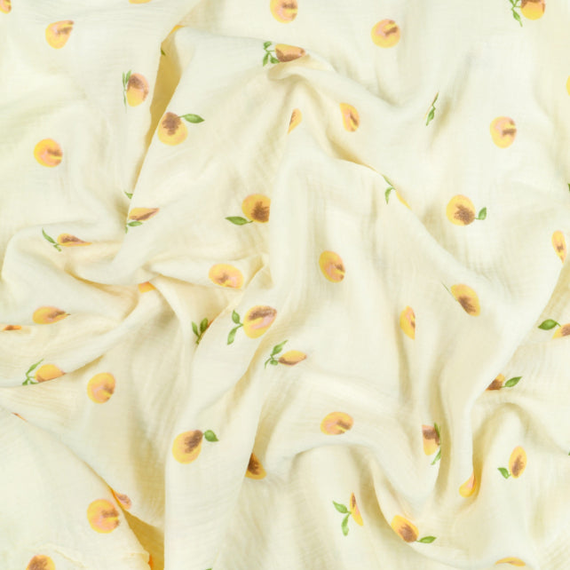 Tissu Double Gaze De Coton Imprimé | Pêches Fond Ecru | Laize 130cm