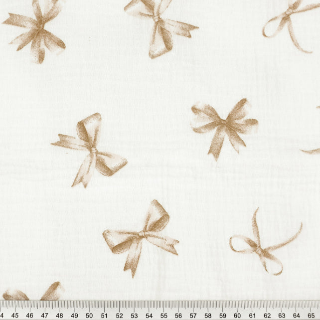 Tissu Double Gaze De Coton Imprimé | Nœuds Beiges Fond Blanc | Laize 130cm