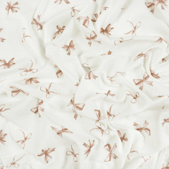 Tissu Double Gaze De Coton Imprimé | Nœuds Beiges Fond Blanc | Laize 130cm