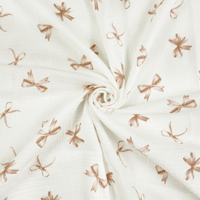 Tissu Double Gaze De Coton Imprimé | Nœuds Beiges Fond Blanc | Laize 130cm