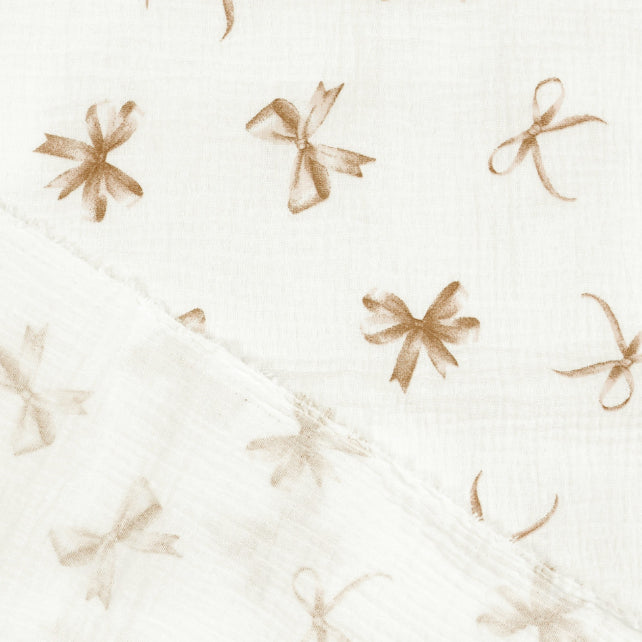 Tissu Double Gaze De Coton Imprimé | Nœuds Beiges Fond Blanc | Laize 130cm