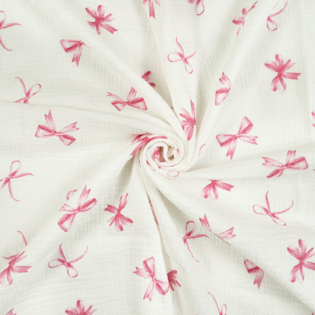 Tissu Double Gaze De Coton Imprimé | Nœuds Roses Fond Blanc | Laize 130cm