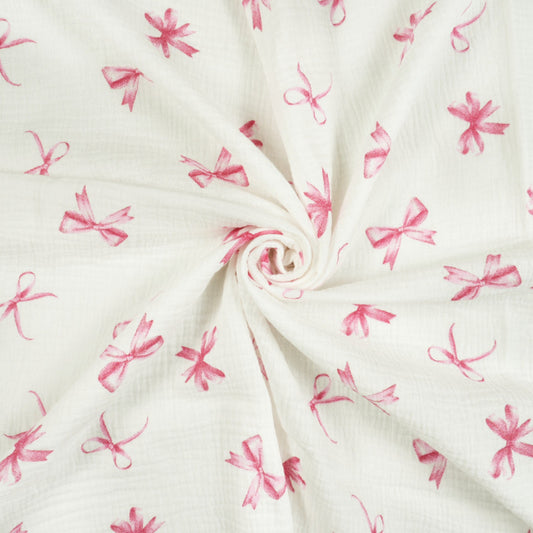 Tissu Double Gaze De Coton Imprimé | Nœuds Roses Fond Blanc | Laize 130cm