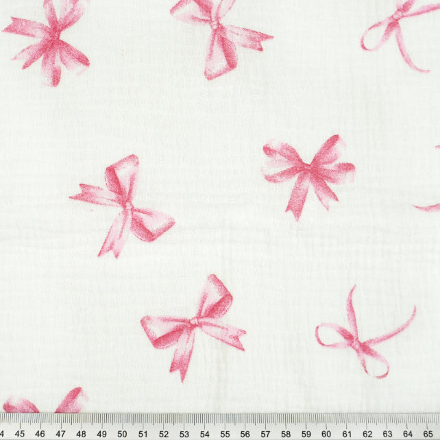 Tissu Double Gaze De Coton Imprimé | Nœuds Roses Fond Blanc | Laize 130cm
