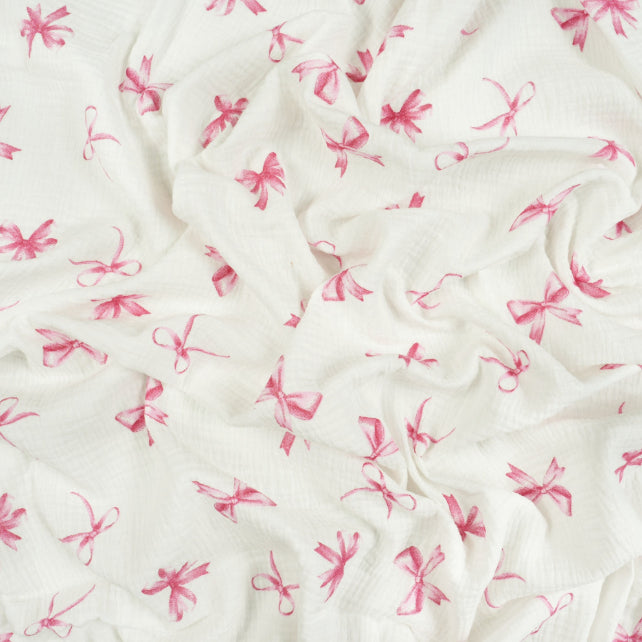 Tissu Double Gaze De Coton Imprimé | Nœuds Roses Fond Blanc | Laize 130cm