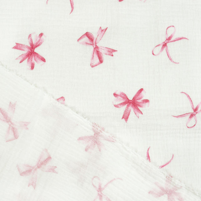Tissu Double Gaze De Coton Imprimé | Nœuds Roses Fond Blanc | Laize 130cm
