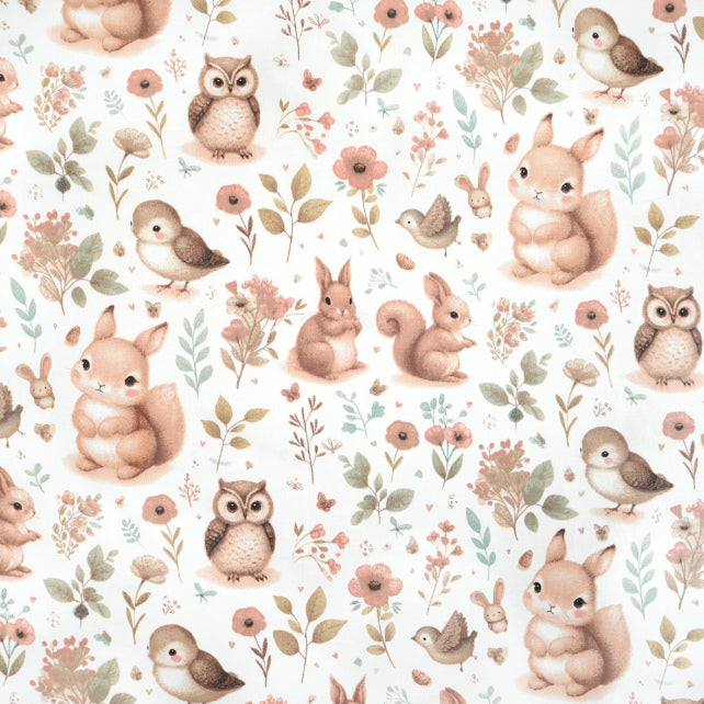 Tissu Coton Chouette Ecureuils et Fleurs Fond Blanc | Laize 1m60