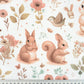 Tissu Coton Chouette Ecureuils et Fleurs Fond Blanc | Laize 1m60