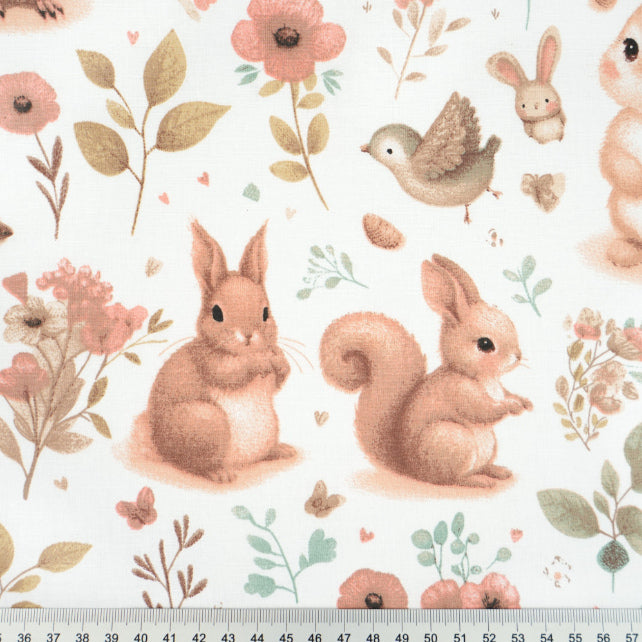 Tissu Coton Chouette Ecureuils et Fleurs Fond Blanc | Laize 1m60