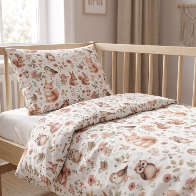 Tissu Coton Chouette Ecureuils et Fleurs Fond Blanc | Laize 1m60